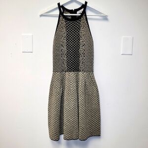 Parker Candice Black & Gold Metallic Knit Pleated Flared Dress Size P (S)